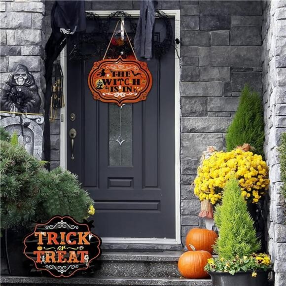 2 Pieces Halloween Wood Door Decorations Trick or Treat Hanging Sign - Picture 7 of 8